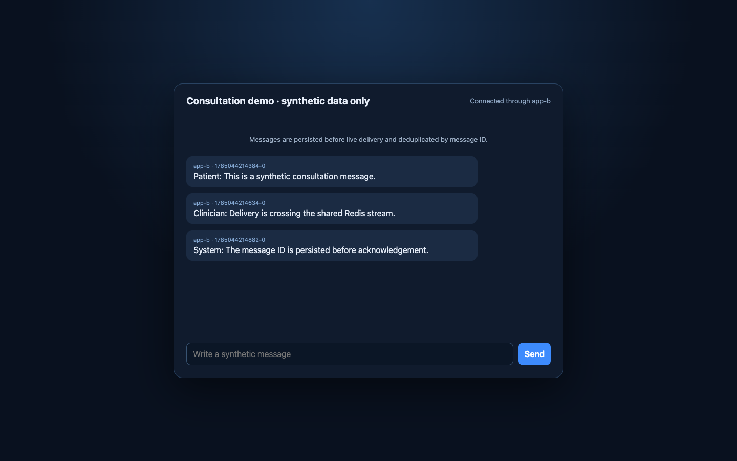 Synthetic healthcare consultation chat connected through app-b, showing three messages persisted and delivered through the shared Redis path