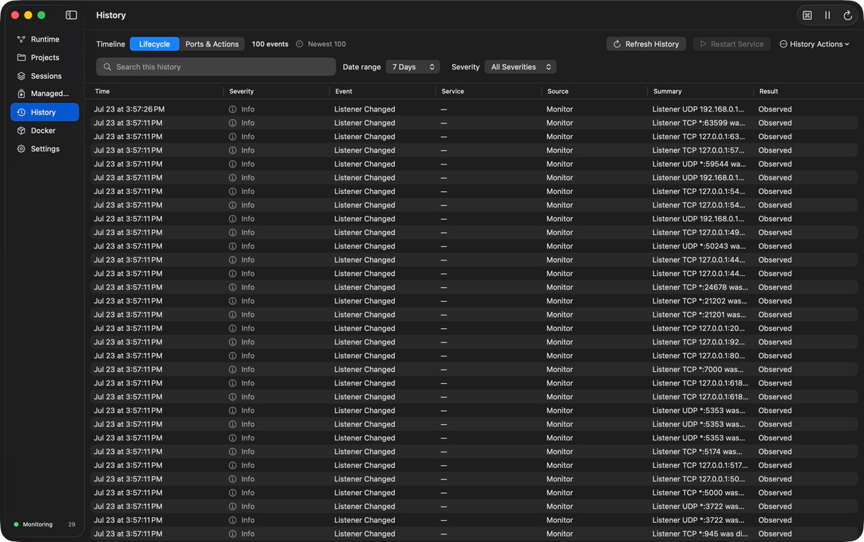 The installed DevBerth History page showing recent lifecycle and listener evidence with time, severity, source, summary, and result
