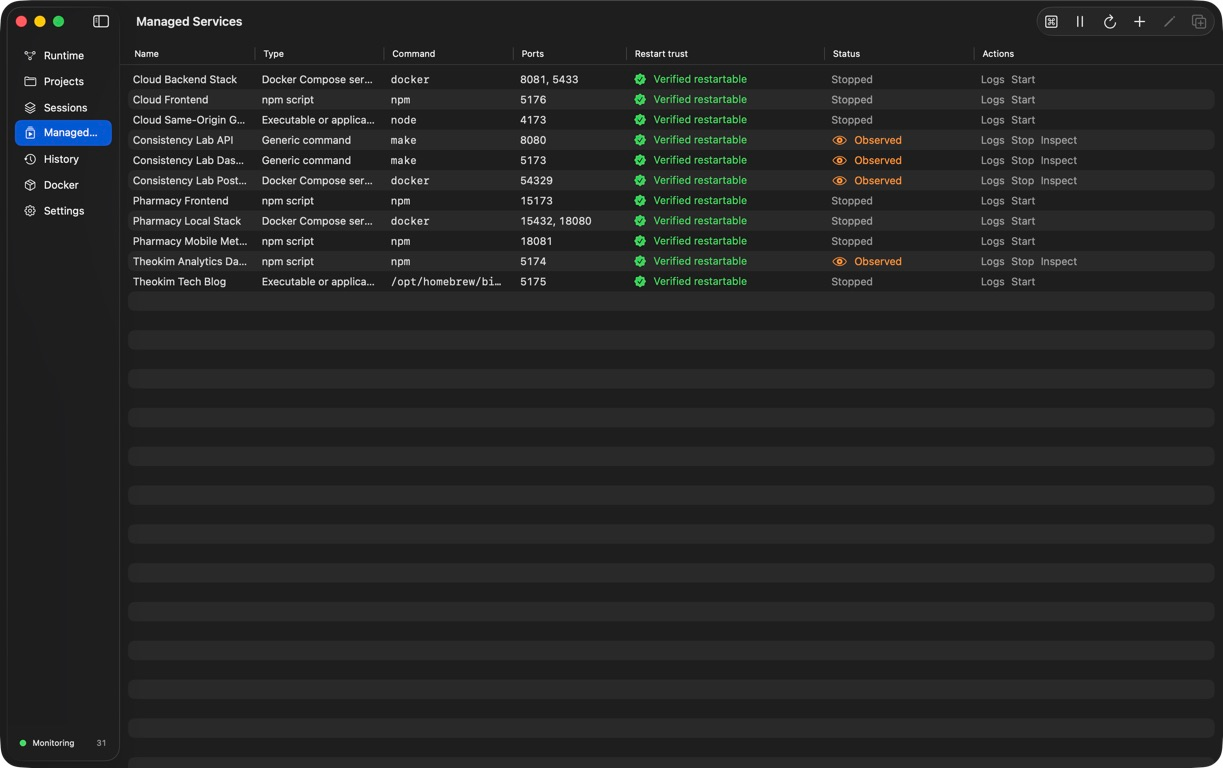 The installed DevBerth Managed Services page showing reviewed definitions, expected ports, restart trust, live status, and service controls