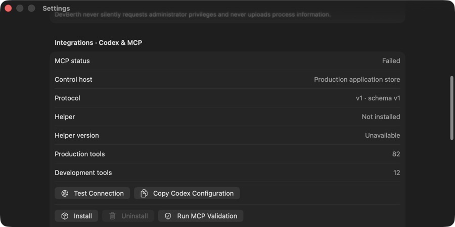 The DevBerth Settings page showing the production Codex and MCP control-host status, protocol, tool inventory, and validation controls
