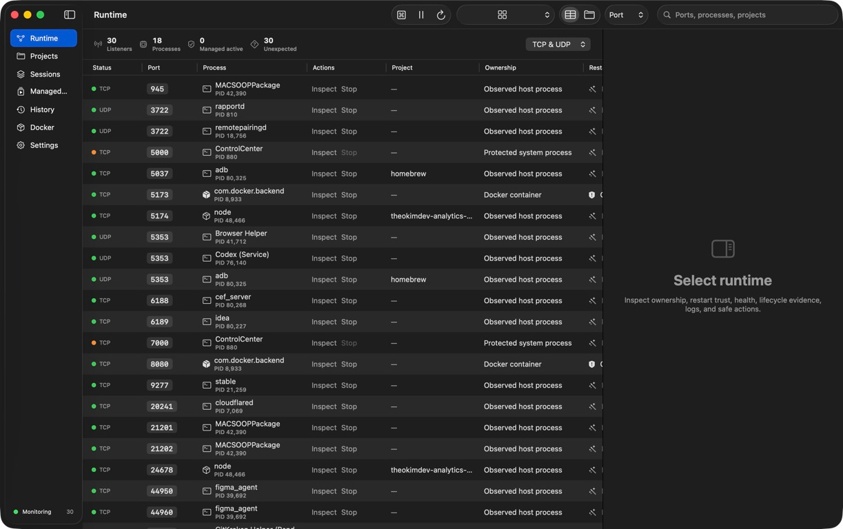 The installed DevBerth Runtime view showing live TCP and UDP listeners, processes, projects, and ownership conclusions