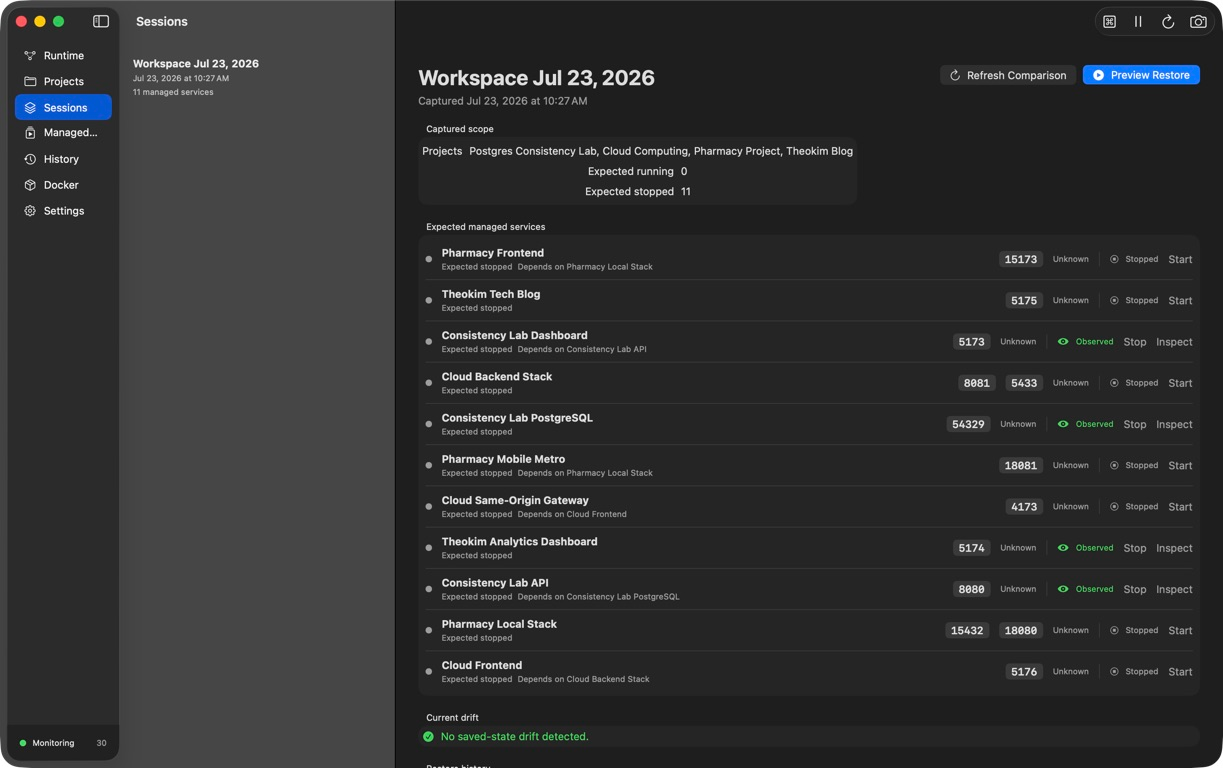 The installed DevBerth Sessions page comparing a saved workspace with current managed-service state before restore