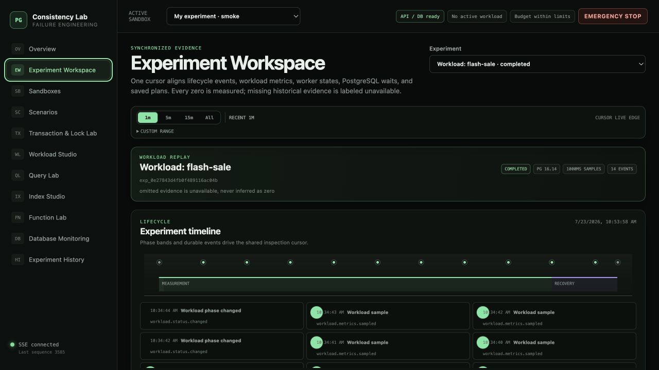 The real Experiment Workspace aligning flash-sale lifecycle events, measurement and recovery phases, retained samples, and the shared time cursor