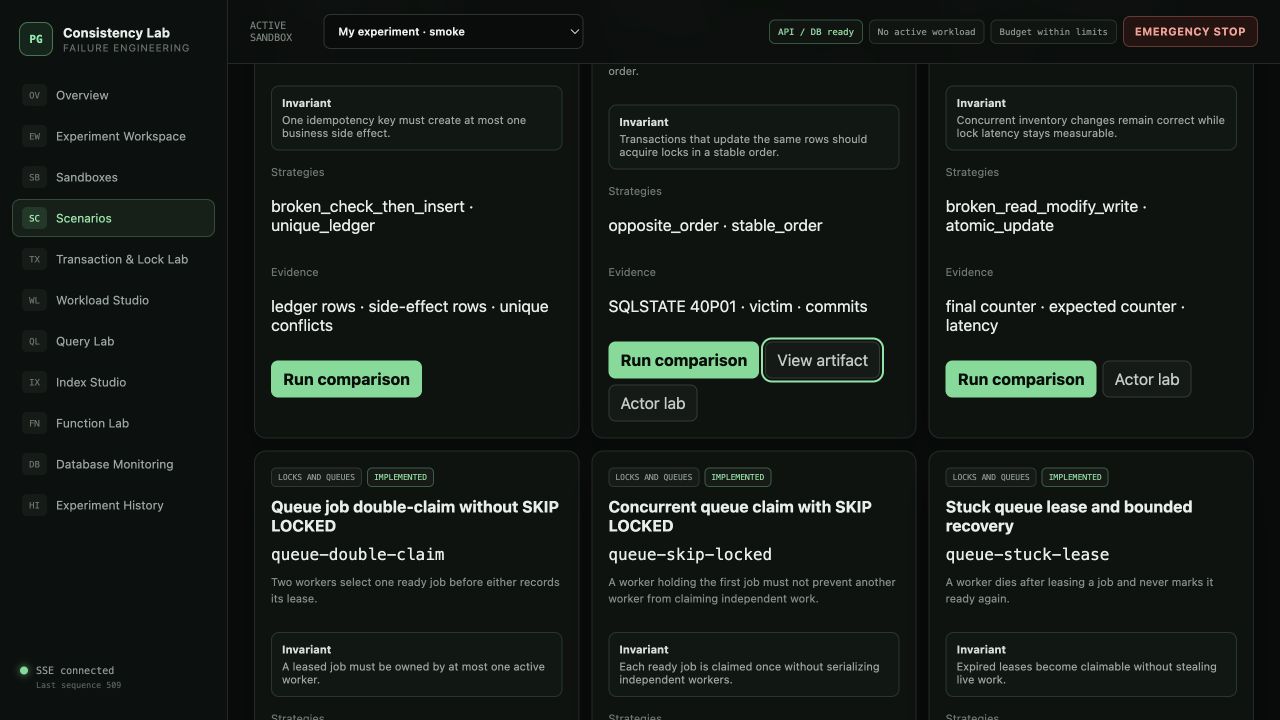 The real Scenarios workspace showing executable transaction, lock, and queue comparisons with their invariants, strategies, evidence, and run controls