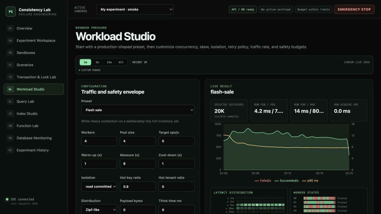 The real Workload Studio running the flash-sale preset with bounded configuration, throughput, tail latency, latency buckets, and worker-state evidence
